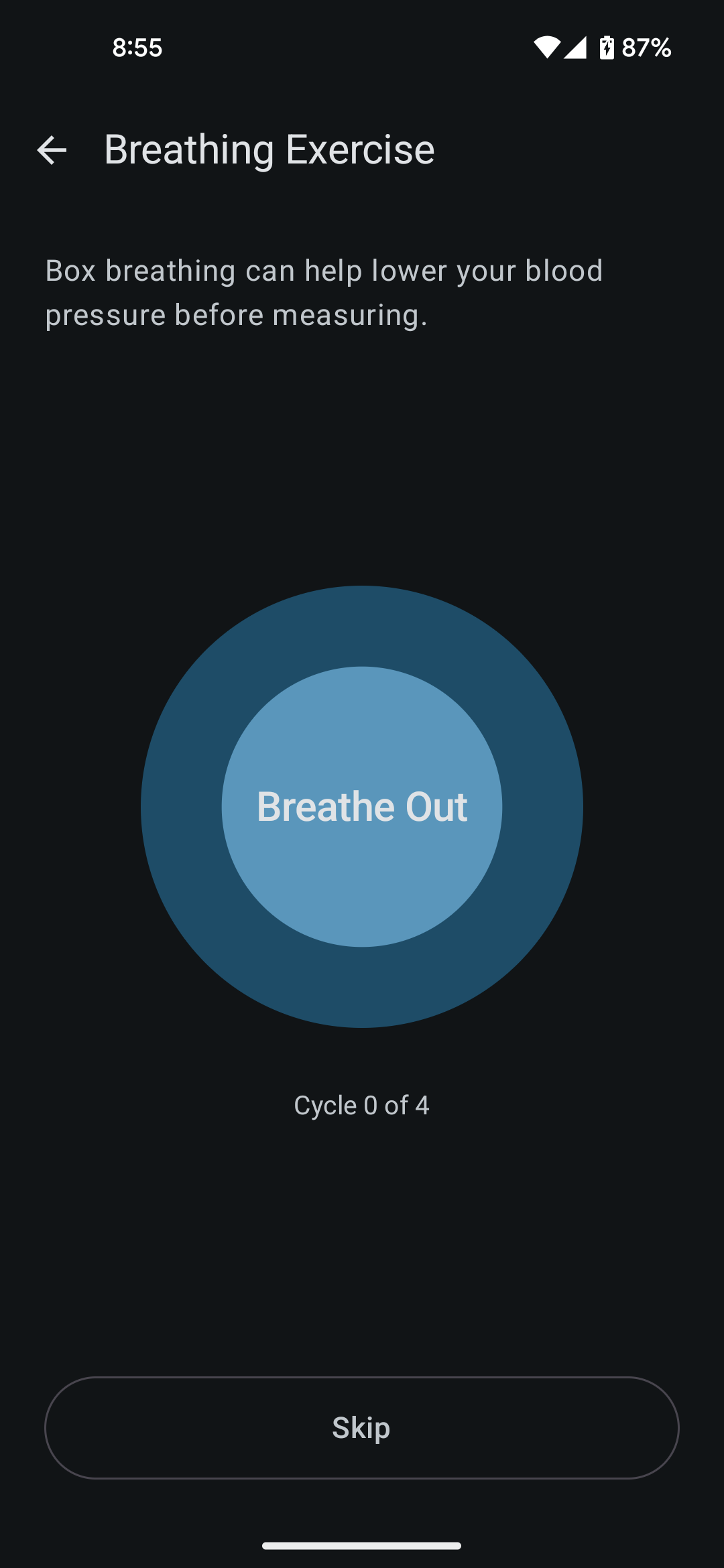 BP Log breathing exercise screen with an animated circle guiding a box breathing cycle