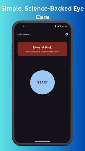 Eye Break app screenshot on Android showing the main 20-20-20 reminder controls and schedule