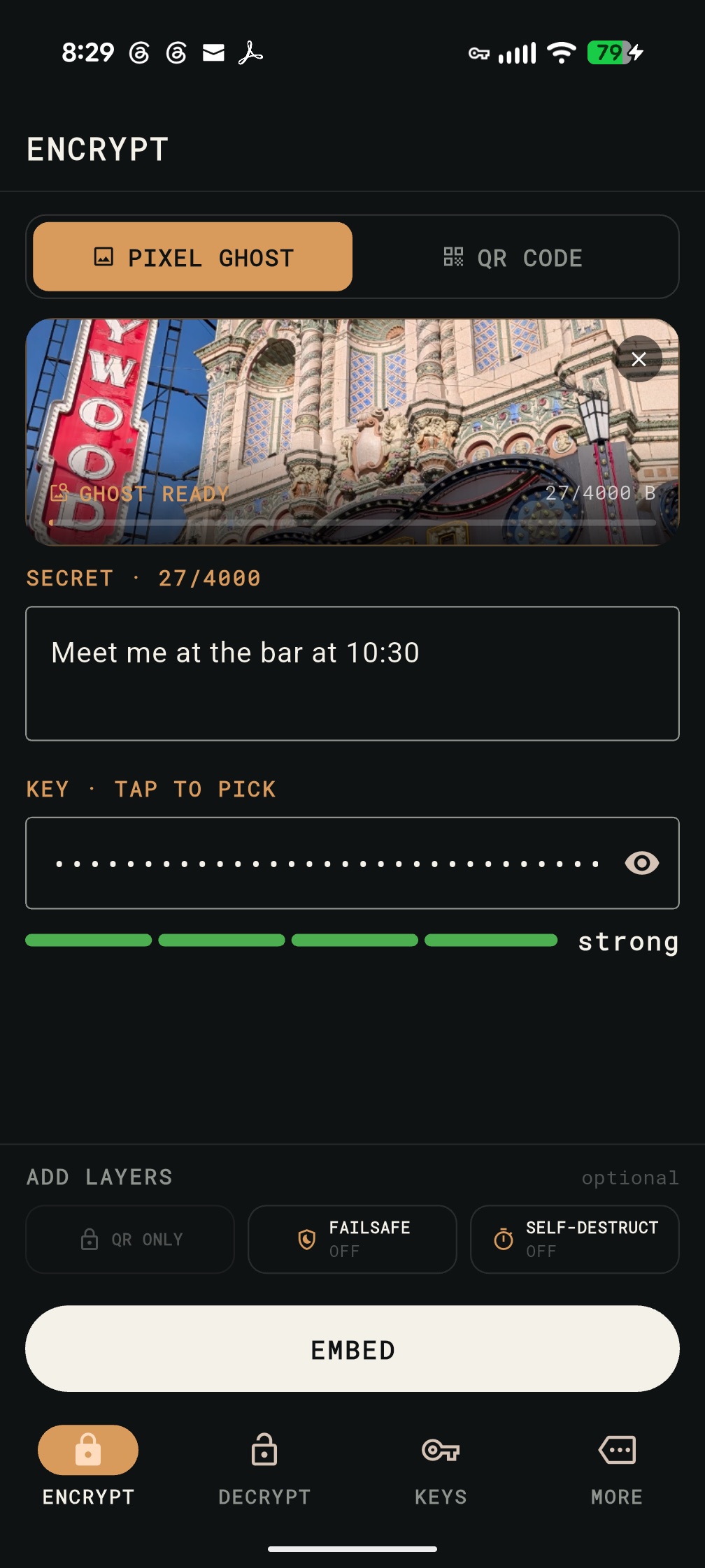 GhostCode Pixel Ghost compose screen: a chosen cover photo, a secret message, and a strong Key ready to embed