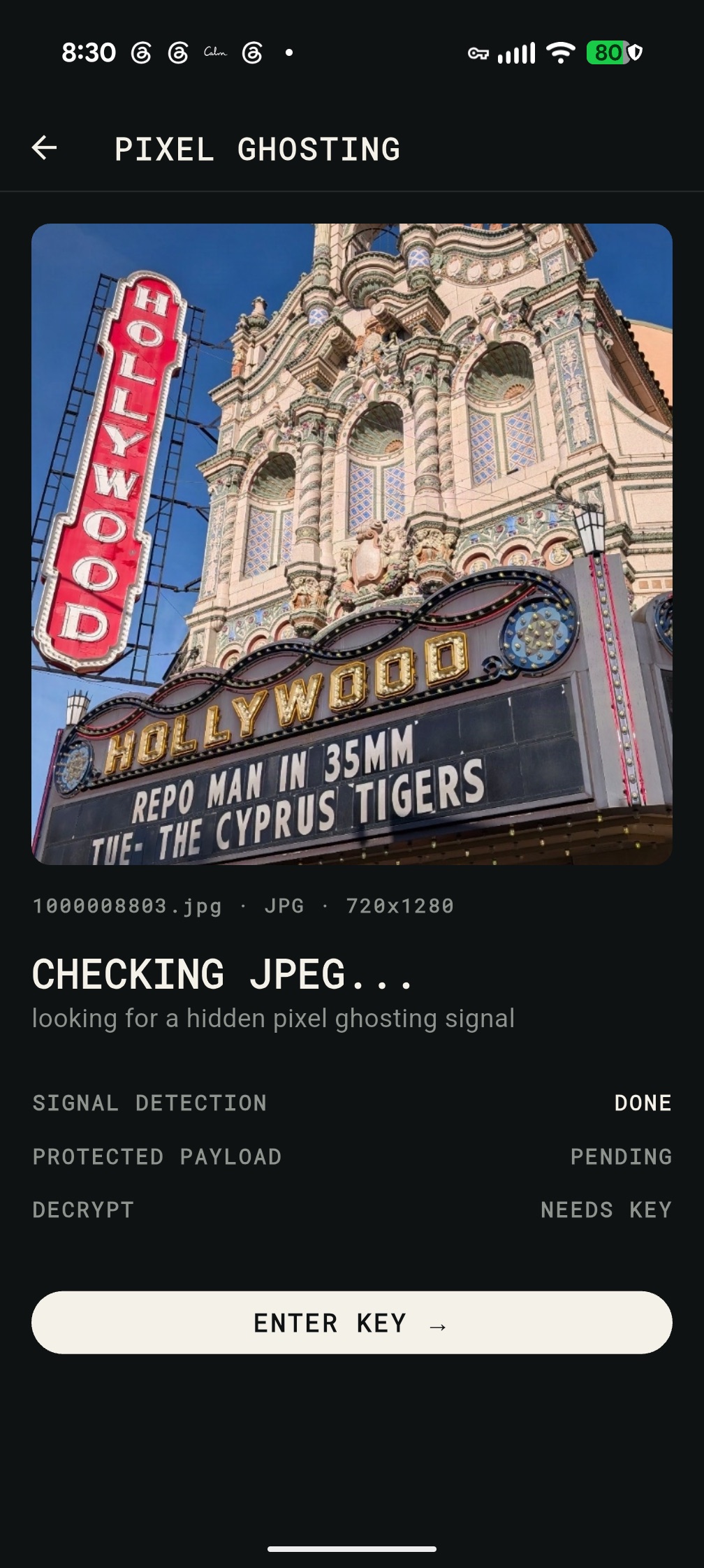 GhostCode detecting a hidden Pixel Ghosting signal inside an ordinary photo and prompting for the Key to decrypt