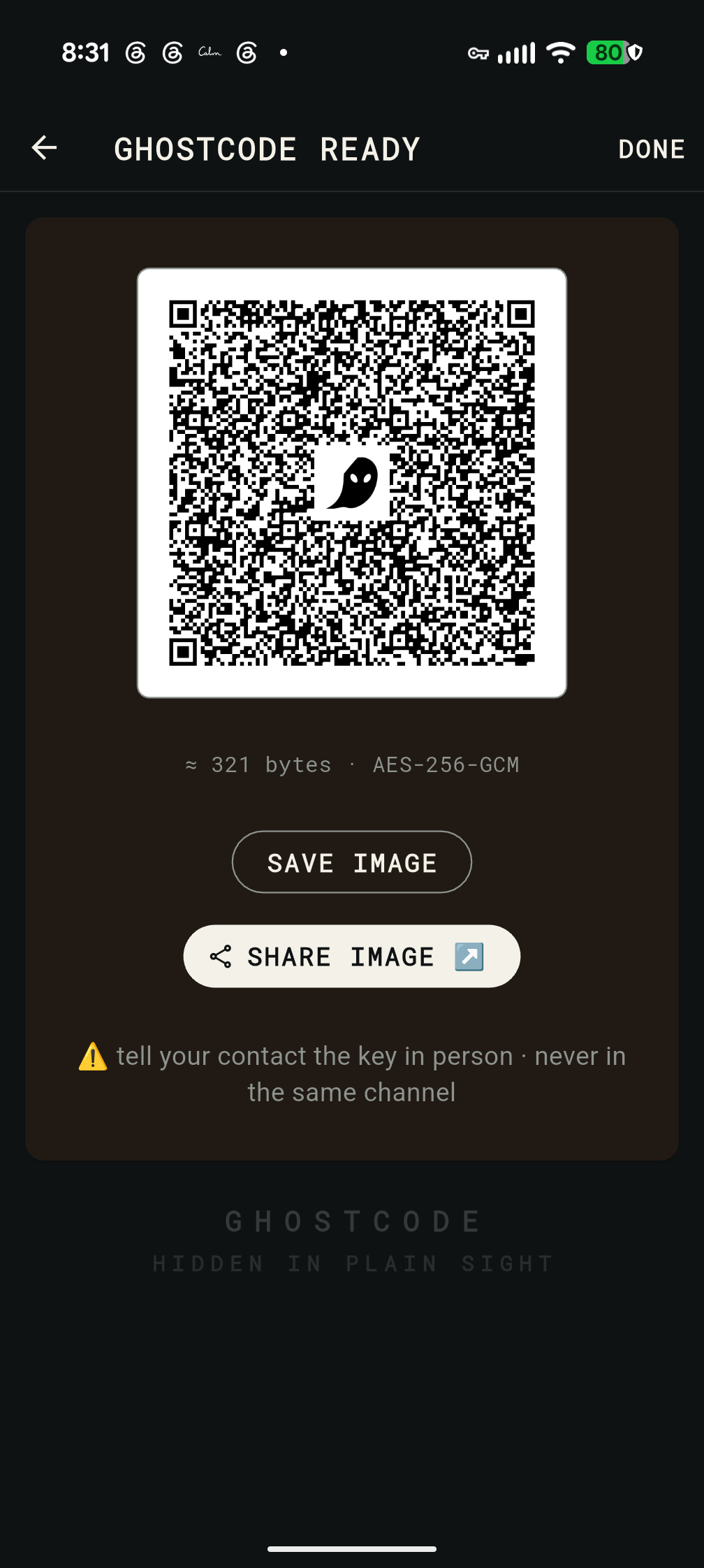 A finished GhostCode QR code with the ghost logo in the center, ready to save or share