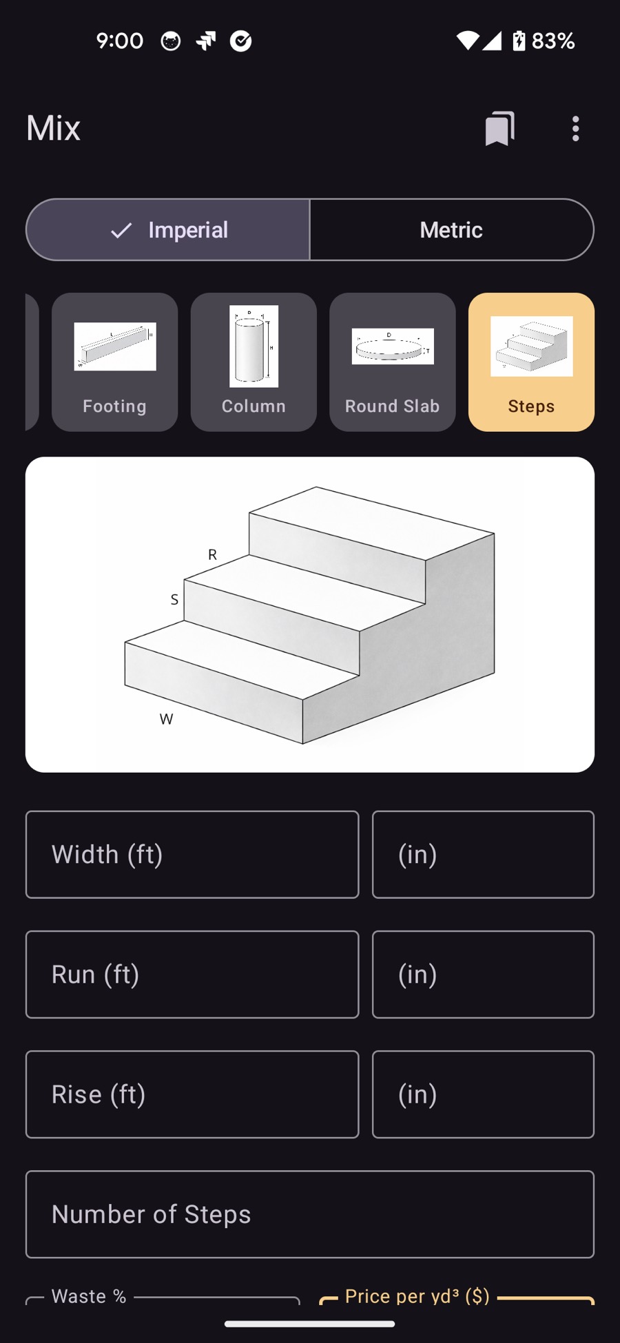 Mix concrete calculator app showing slab volume, bag count, and mix ratio results on Android
