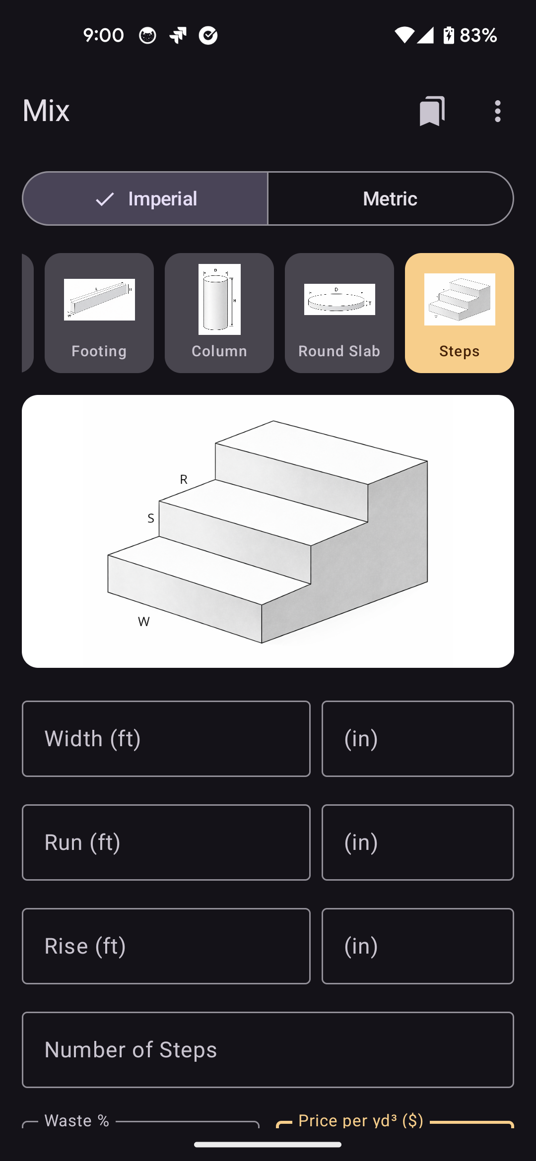 Mix concrete calculator app showing slab volume, bag count, and mix ratio results on Android