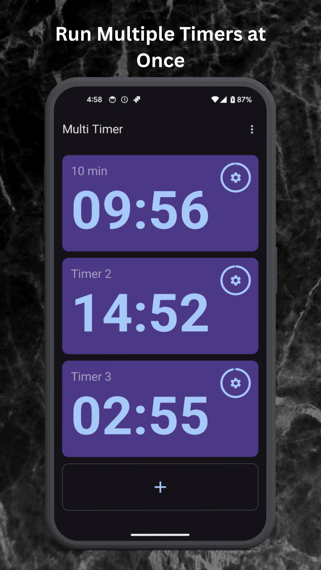 Multi Timer app screenshot on Android showing multiple active countdowns