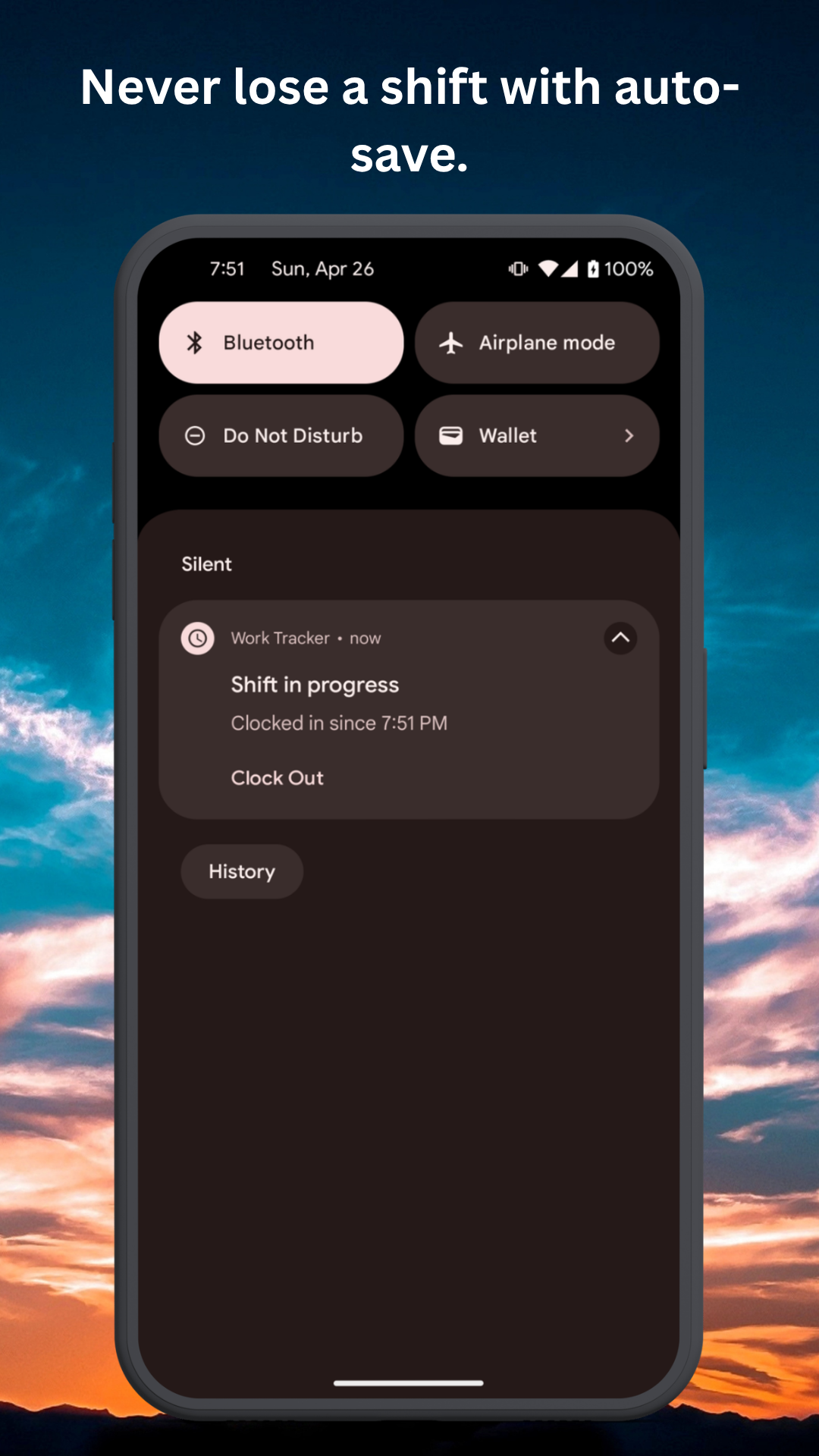 Work Hours Tracker home screen showing punch-in button and weekly earnings summary without any account setup