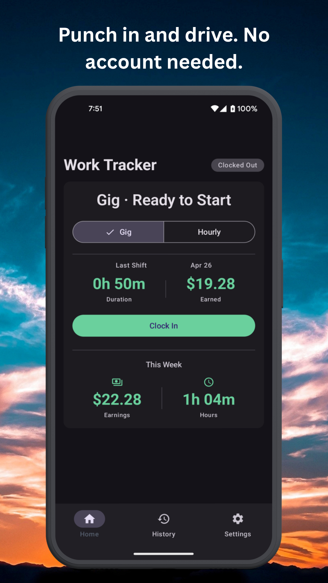Work Hours Tracker settings screen showing work mode, GPS mileage tracking, vehicle MPG, and privacy options