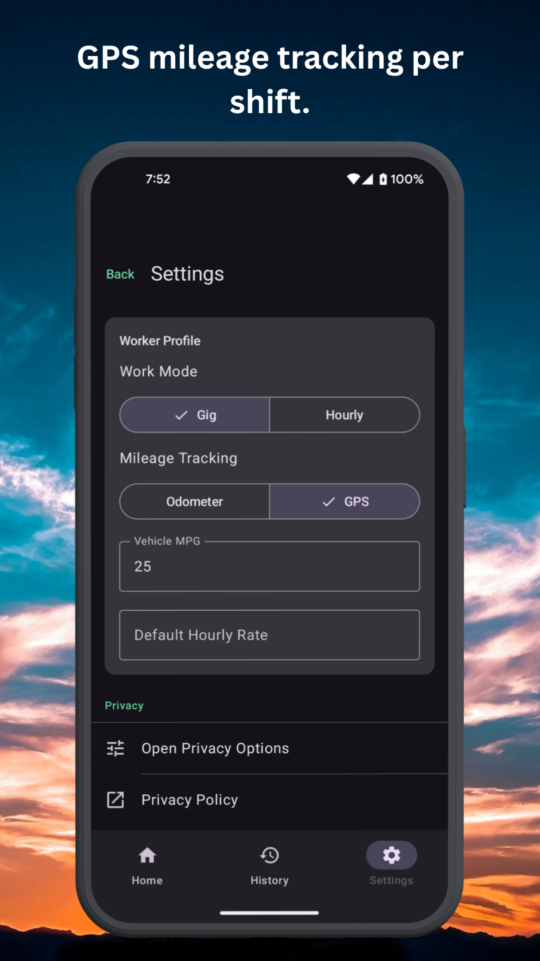 Work Hours Tracker active shift screen showing a running timer and clock-out button for freelancers