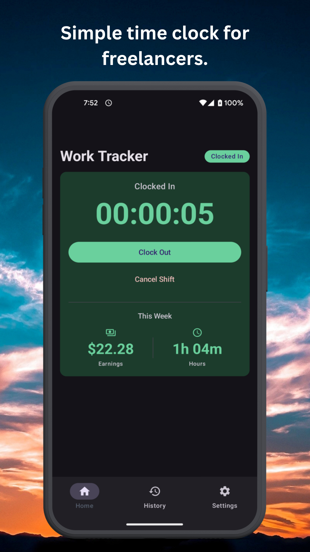 Work Hours Tracker history screen showing multiple past shifts with net earnings and hourly profitability over time